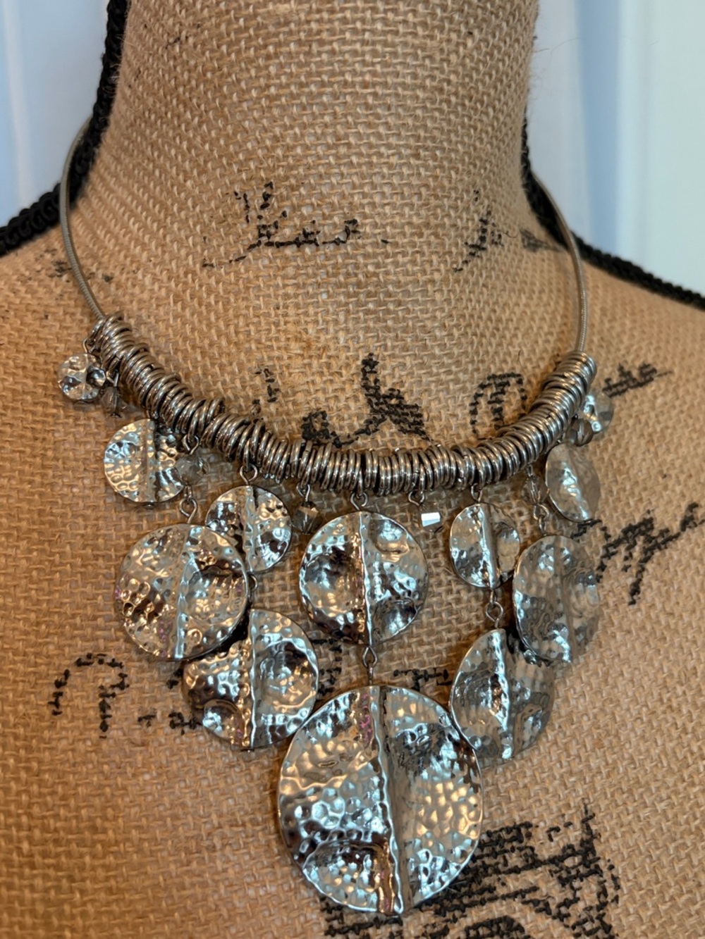 Premier Designs Hammered Silver Disc Bib Necklace